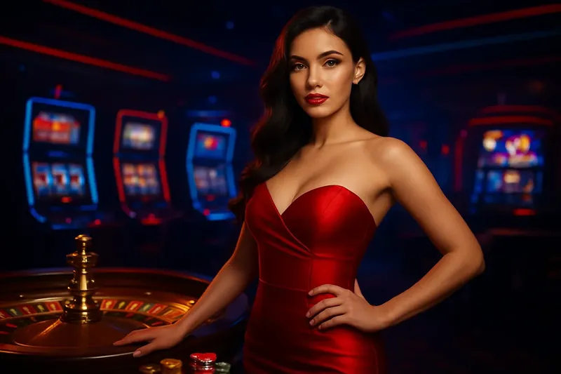 Bangladesh Casino Banner Elegant woman in red dress posing near roulette and slot machines with gold coins and poker chips in a luxury Bangladeshi casino