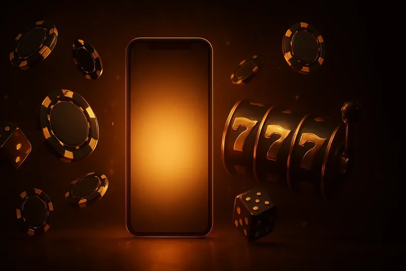 Glowing Smartphone Casino Banner Panoramic banner with glowing smartphone, casino chips, slot reels, and dice on dark luxurious background